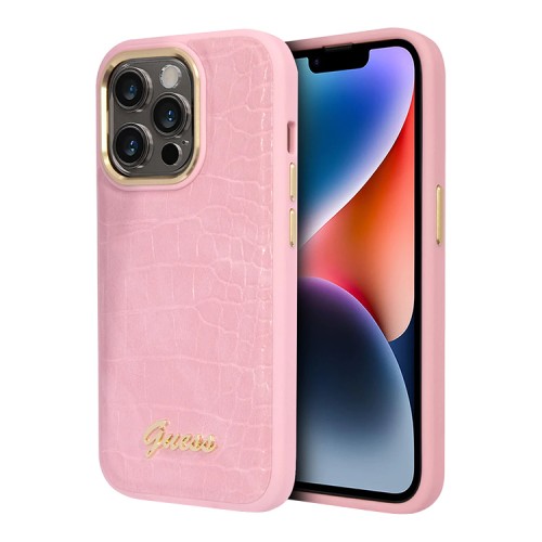 Чехол Guess PU Croco w metal logo Hard для iPhone 14 Pro Max, розовый