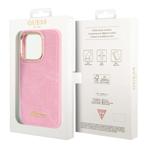 Чехол Guess PU Croco w metal logo Hard для iPhone 14 Pro Max, розовый