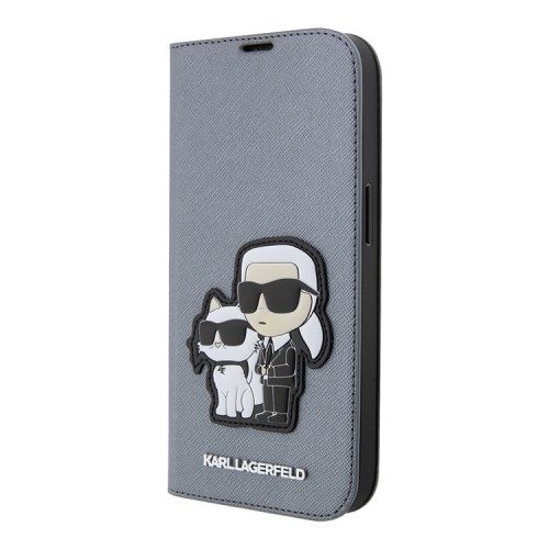 Чехол Lagerfeld PU Saffiano NFT Karl & Choupette Booktype для iPhone 14 Pro, серебристый