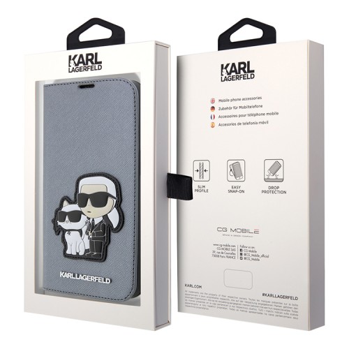 Чехол Lagerfeld PU Saffiano NFT Karl & Choupette Booktype для iPhone 14 Pro, серебристый