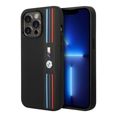 Чехол BMW M-Collection PU Mesh Tricolor lines Hard для iPhone 14 Pro Max, черный