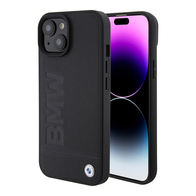 BMW для iPhone 15 Plus чехол Signature Leather Logo imprint Hard Black