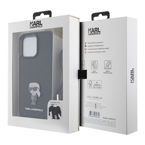 Lagerfeld для iPhone 15 Pro Max чехол Crossbody PU Saffiano NFT Karl Ikonik Metal Hard Black