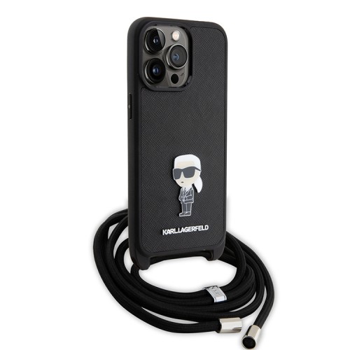 Lagerfeld для iPhone 15 Pro Max чехол Crossbody PU Saffiano NFT Karl Ikonik Metal Hard Black