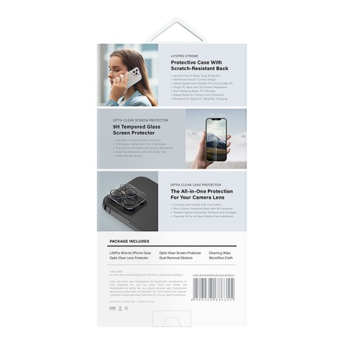 Uniq для iPhone 15 Pro набор Bundle 360, прозрачный-матовый + MagSafe (Lifepro Xtreme +Optix glass +Camera lens)