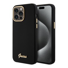 Guess для iPhone 15 Pro чехол Liquid silicone Gold metal logo &amp; Camera frame Hard Black