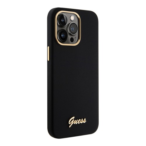 Guess для iPhone 15 Pro чехол Liquid silicone Gold metal logo & Camera frame Hard Black