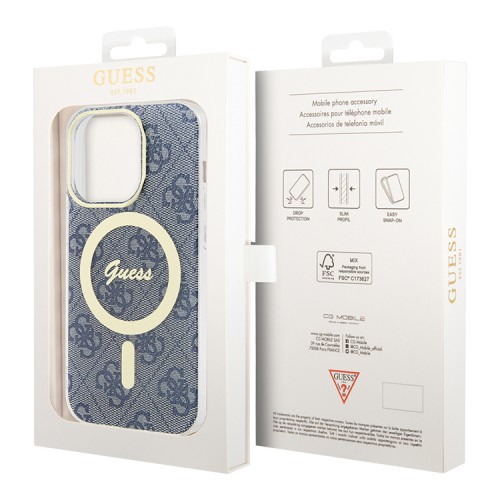Guess для iPhone 15 Pro Max чехол PC/TPU 4G Hard Blue/Gold (MagSafe)