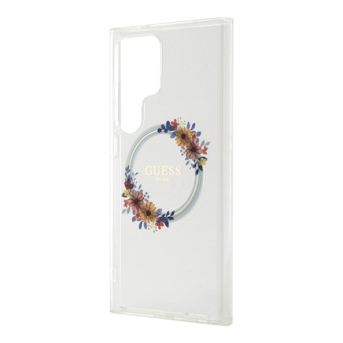 Guess для Galaxy S24 Ultra чехол PC/TPU Flowers Wreath Hard Transparent (MagSafe)