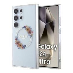 Guess для Galaxy S24 Ultra чехол PC/TPU Flowers Wreath Hard Transparent (MagSafe)