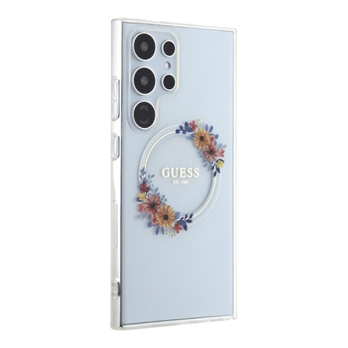 Guess для Galaxy S24 Ultra чехол PC/TPU Flowers Wreath Hard Transparent (MagSafe)
