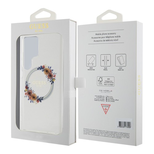 Guess для Galaxy S24 Ultra чехол PC/TPU Flowers Wreath Hard Transparent (MagSafe)