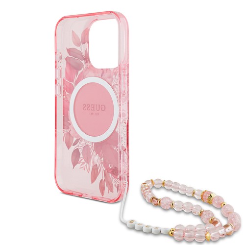 Guess для iPhone 16 Pro Max чехол PC/TPU Flowers + Pearl Hand Strap Pink (MagSafe)