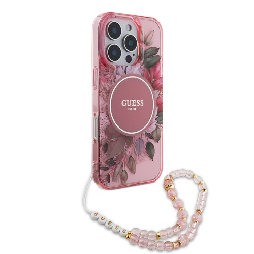 Guess для iPhone 16 Pro Max чехол PC/TPU Flowers + Pearl Hand Strap Pink (MagSafe)