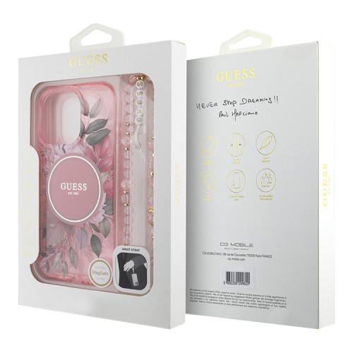 Guess для iPhone 16 Pro Max чехол PC/TPU Flowers + Pearl Hand Strap Pink (MagSafe)