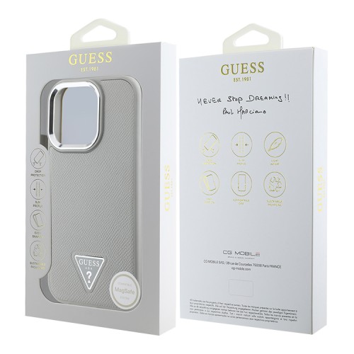 Guess для iPhone 16 Pro Max чехол PU Grained leather Triangle metal logo Hard Beige (MagSafe)