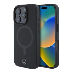 Mercedes для iPhone 16 Pro Max чехол Leather Plain Smooth with Ring Metal logo Hard Black (MagSafe)