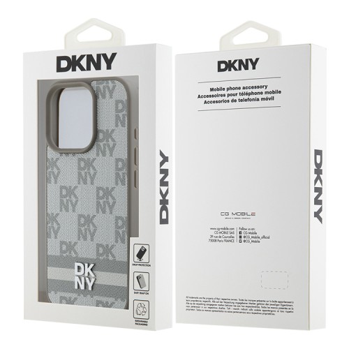 DKNY для iPhone 16 Pro Max чехол PU Checkered Printed stripes Metal logo Hard Beige
