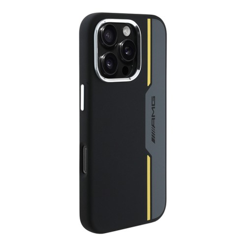 AMG для iPhone 16 Pro Max чехол Liquid silicone Bow Lines Metal camera Hard Black/Yellow (MagSafe)