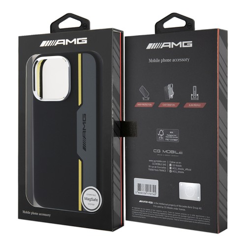 AMG для iPhone 16 Pro Max чехол Liquid silicone Bow Lines Metal camera Hard Black/Yellow (MagSafe)