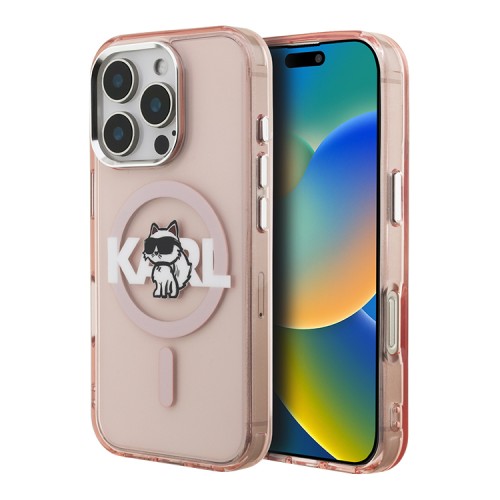 Karl Lagerfeld для iPhone 16 Pro Max чехол PC/TPU Sketch Choupette Metal camera Hard Pink (MagSafe)