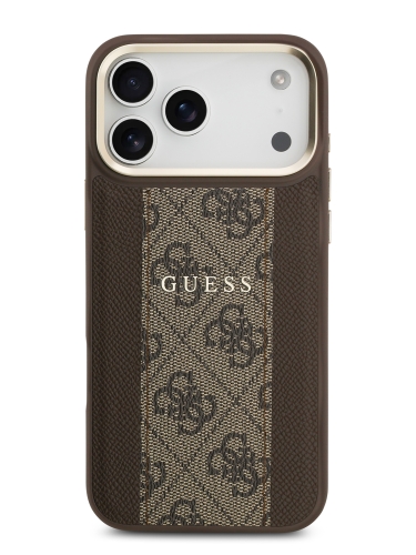 Guess для iPhone 17 Pro чехол PU 4G Stripe Classic metal logo Gold camera Hard Brown (MagSafe)