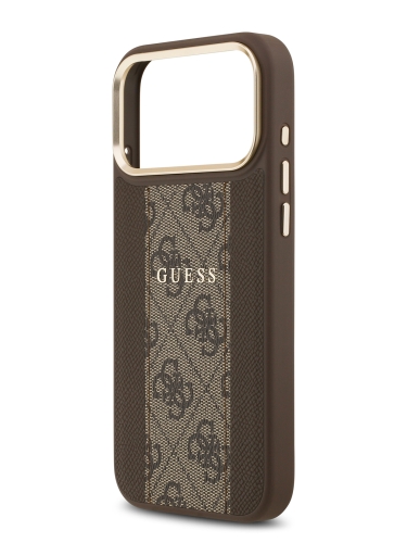 Guess для iPhone 17 Pro чехол PU 4G Stripe Classic metal logo Gold camera Hard Brown (MagSafe)
