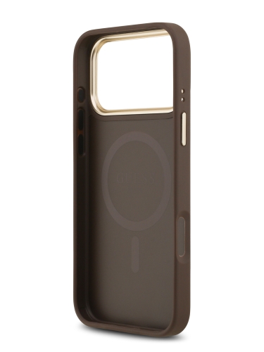 Guess для iPhone 17 Pro чехол PU 4G Stripe Classic metal logo Gold camera Hard Brown (MagSafe)